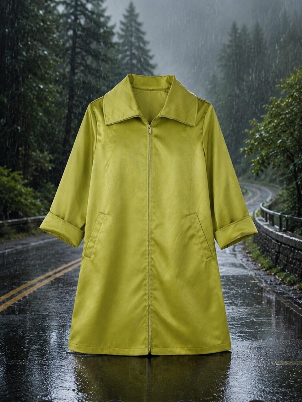 Dennis Basso Designer Lime Green Satin Old Money Long Chic Rain Coat Sz 1X